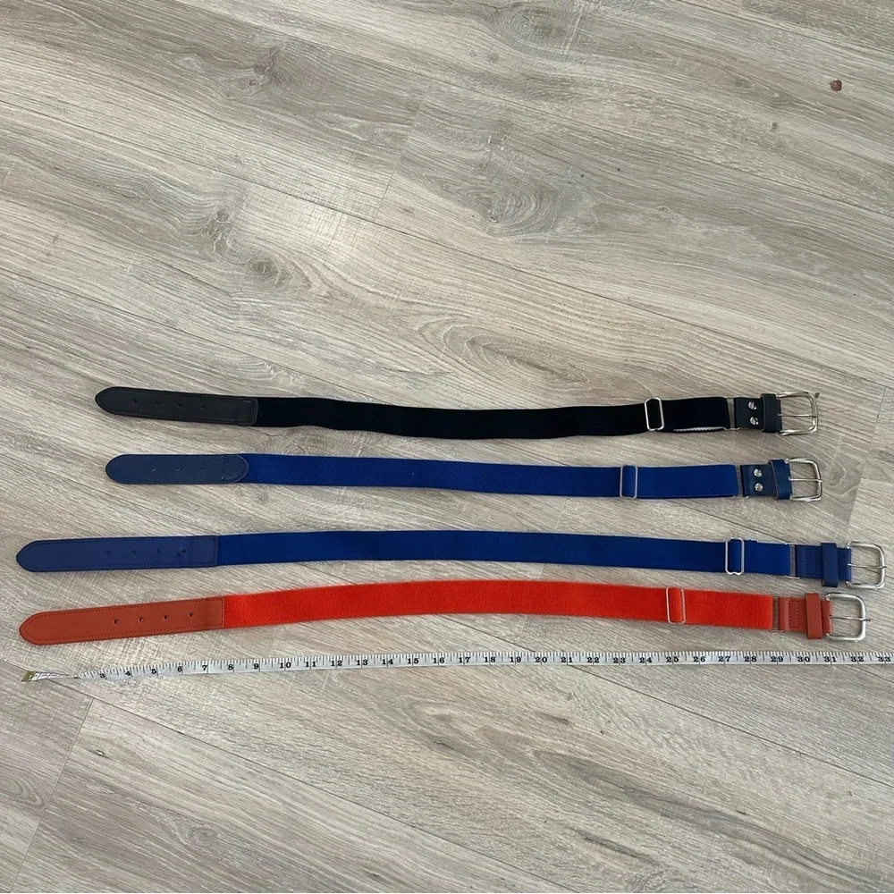 4 baseball belts, orange, blue, black